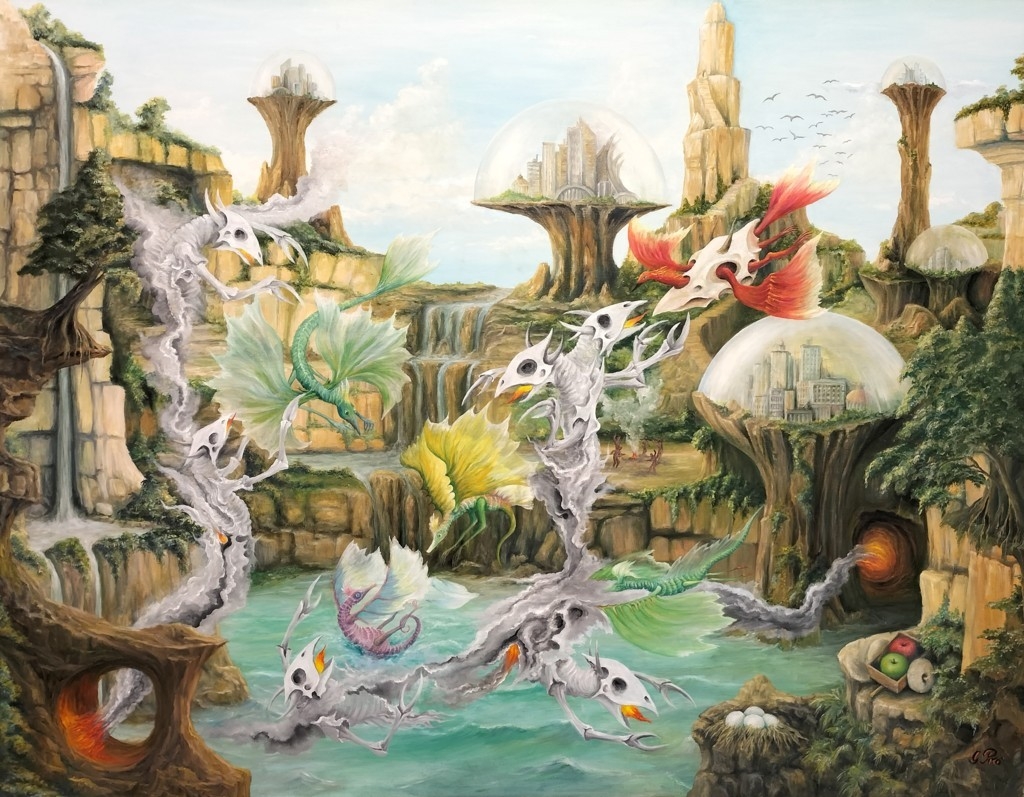 oil painting, gregory pyra piro, demons, dragons, skull vests, vegetation, lakes, waterfalls, human-like figures, caves, hills, mountains, domed architecture, skyscrapers