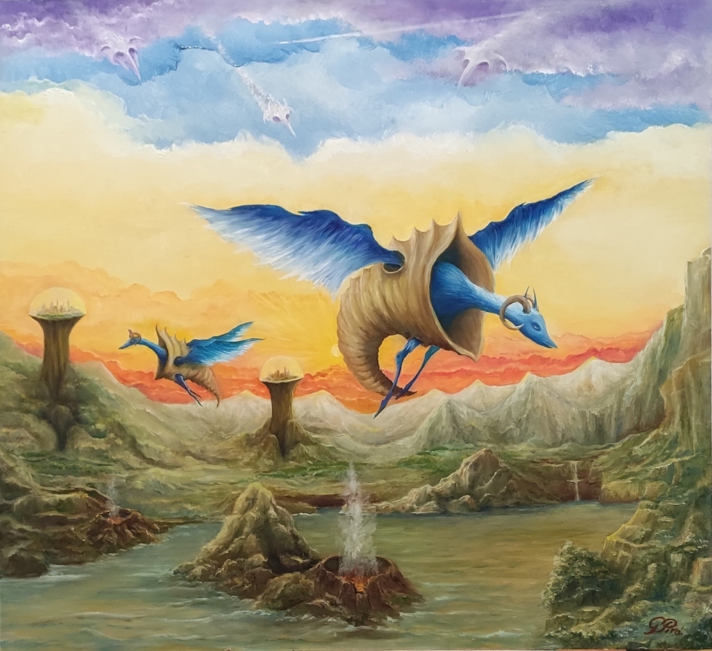 gregory pyra piro, oil painting, captivating, surreal composition, mythical creatures, futuristic elements, dragons, demons, volcanic landscapes, bio domes, visual narrative, intrigue, personal touch, signature