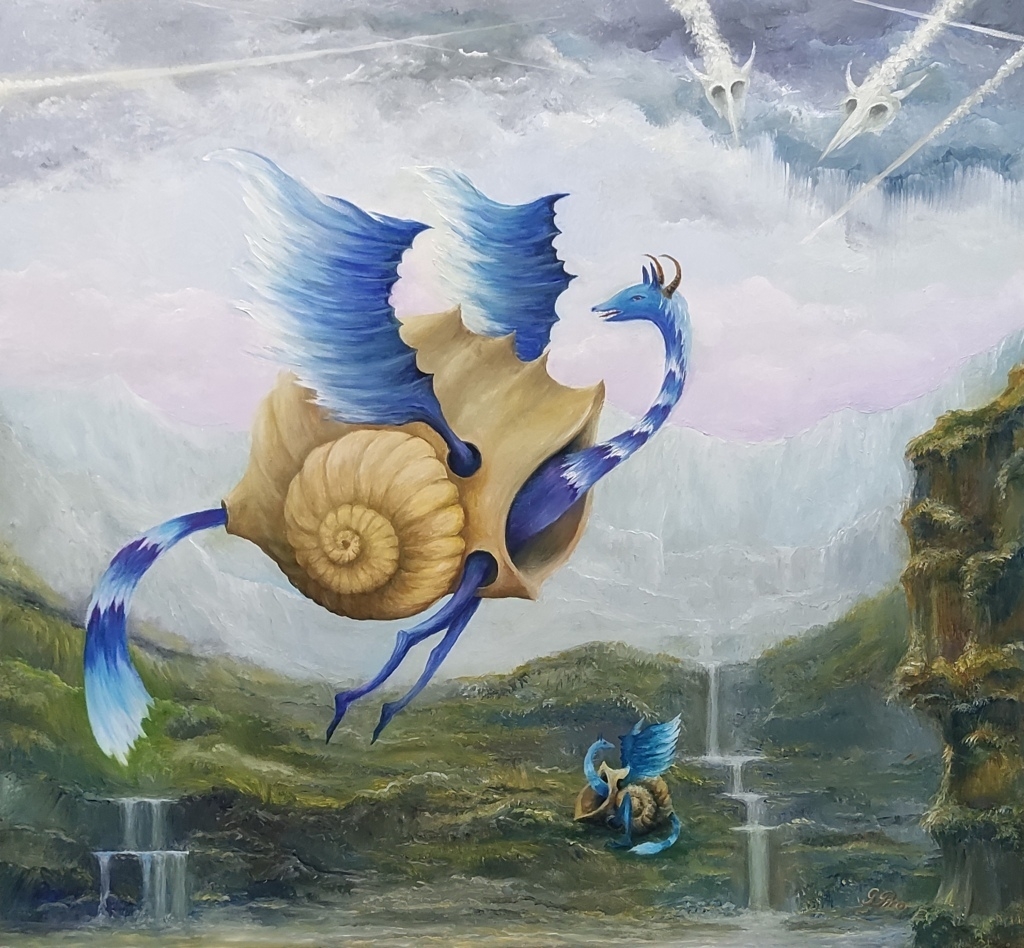 gregory pyra piro, oil painting, landscape, planet, solar system, flying dragons, horns, shell vests, demons, ghosts, sky, clouds, lakes, streams, waterfalls
