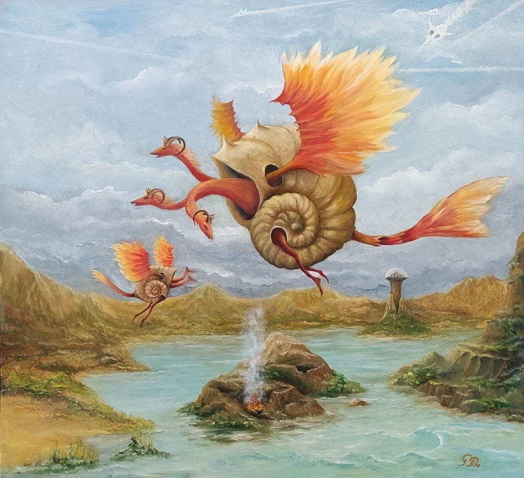 surrealist, oil painting, gregory pyra piro, landscape, distant planet, faraway solar system, flying dragons, shell vests, snails, three-headed dragon, horns, two-headed dragon, demons, blue clouds, white clouds, gray clouds, lake, islands, erupting volcano, dome city, hills, mountains, grass, bushes, trees, artist's signature