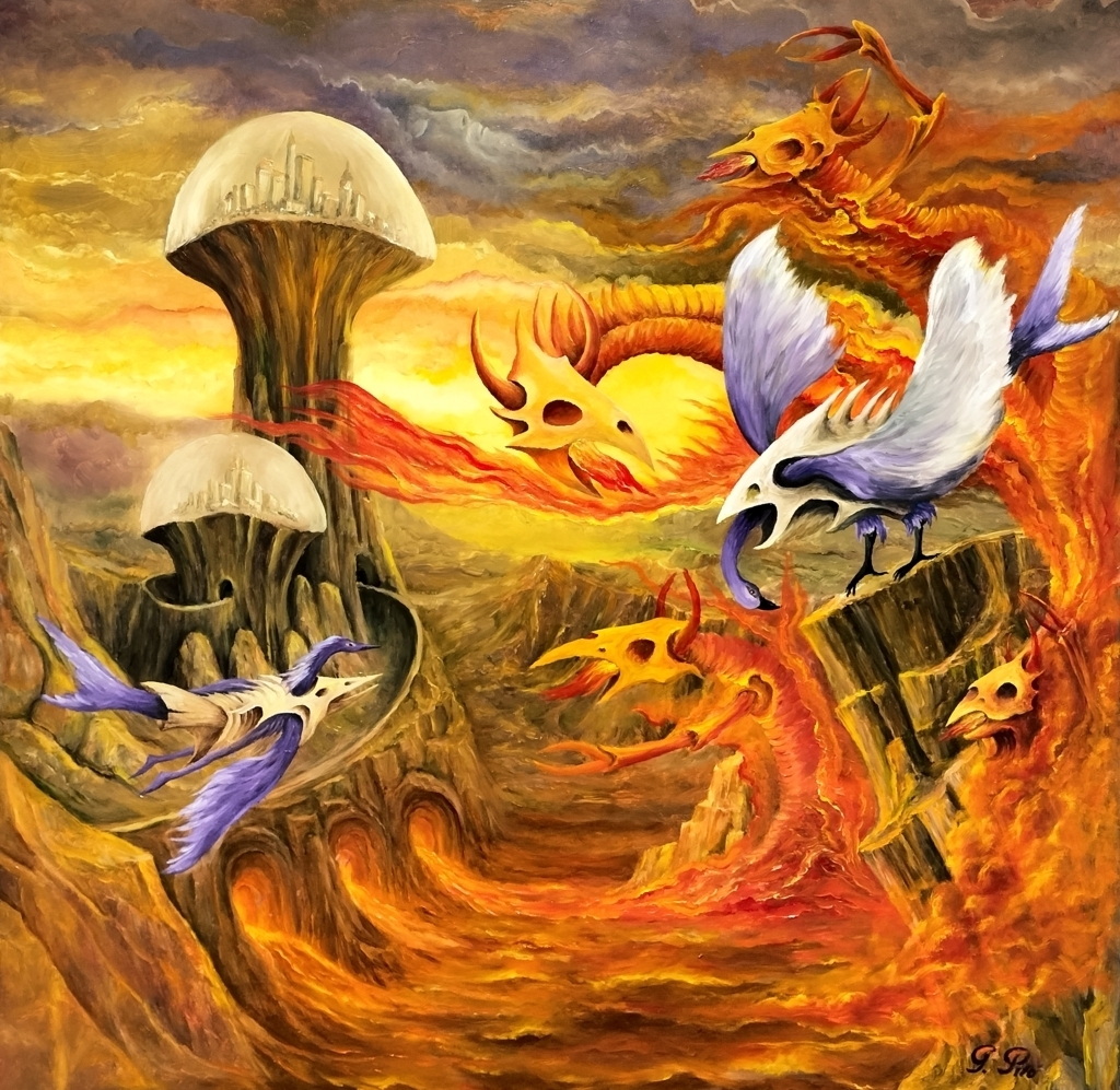 oil painting, surreal, landscape, creatures, dragons, grasshoppers, dinosaurs, skull vests, erupting volcanoes, flames, skyscrapers, domed cities, vibrant sky, purple, yellow, orange, ghostly face