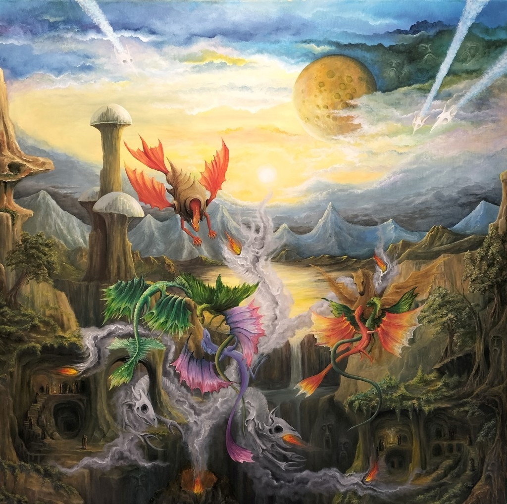 oil painting, gregory pyra piro, surreal landscape, distant planet, flying dragons, pegasus, demons, erupting volcano, moon, double planet, skull-headed demons, ethereal atmosphere, dome cities, civilization, caves, waterfalls