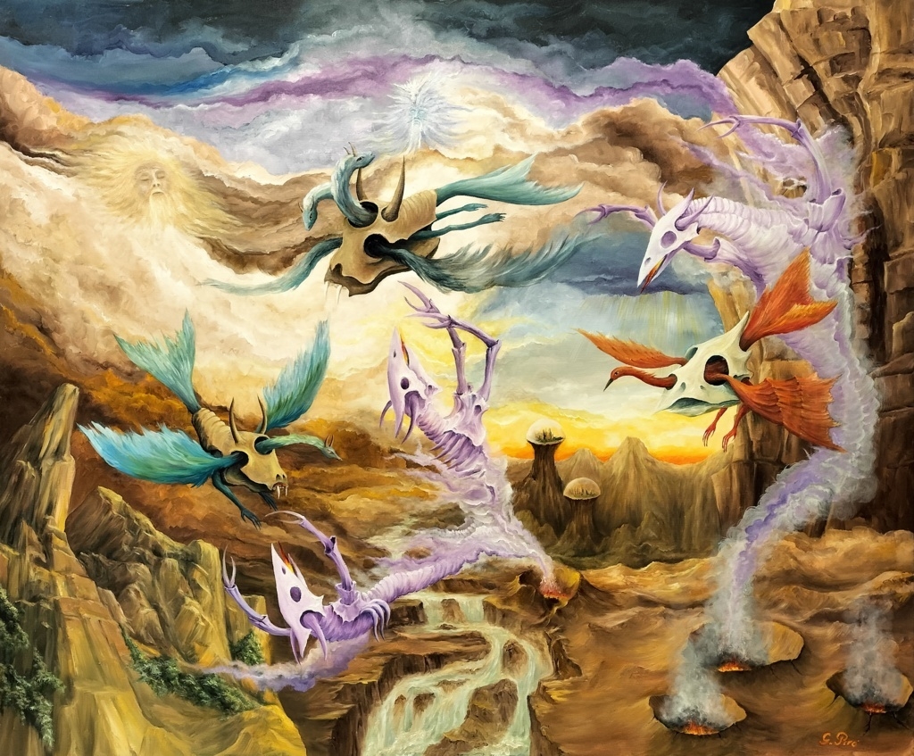gregory pyra piro, surrealist, oil painting, surrealism, symbolism, landscape elements, dragon, skull vest, demons, lava tube, pyroduct, fiery lava, planet, buttes, humanoid beings, extraterrestrials, bio domes, bluff, bushes, ravine, waterfalls, ethereal figures, clouds
