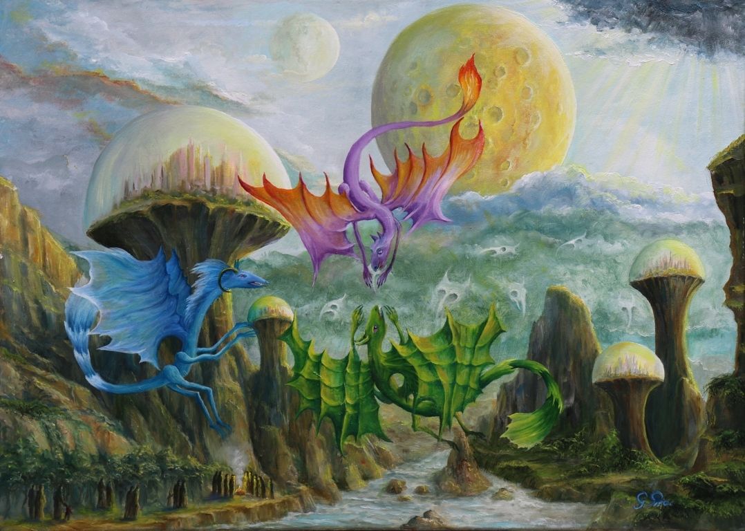 oil painting, gregory pyra piro, otherworldly scene, dragon-like creatures, mountains, human-like beings, skyscrapers, domed cities, moons, clouds, ghost-like creatures, green vegetation