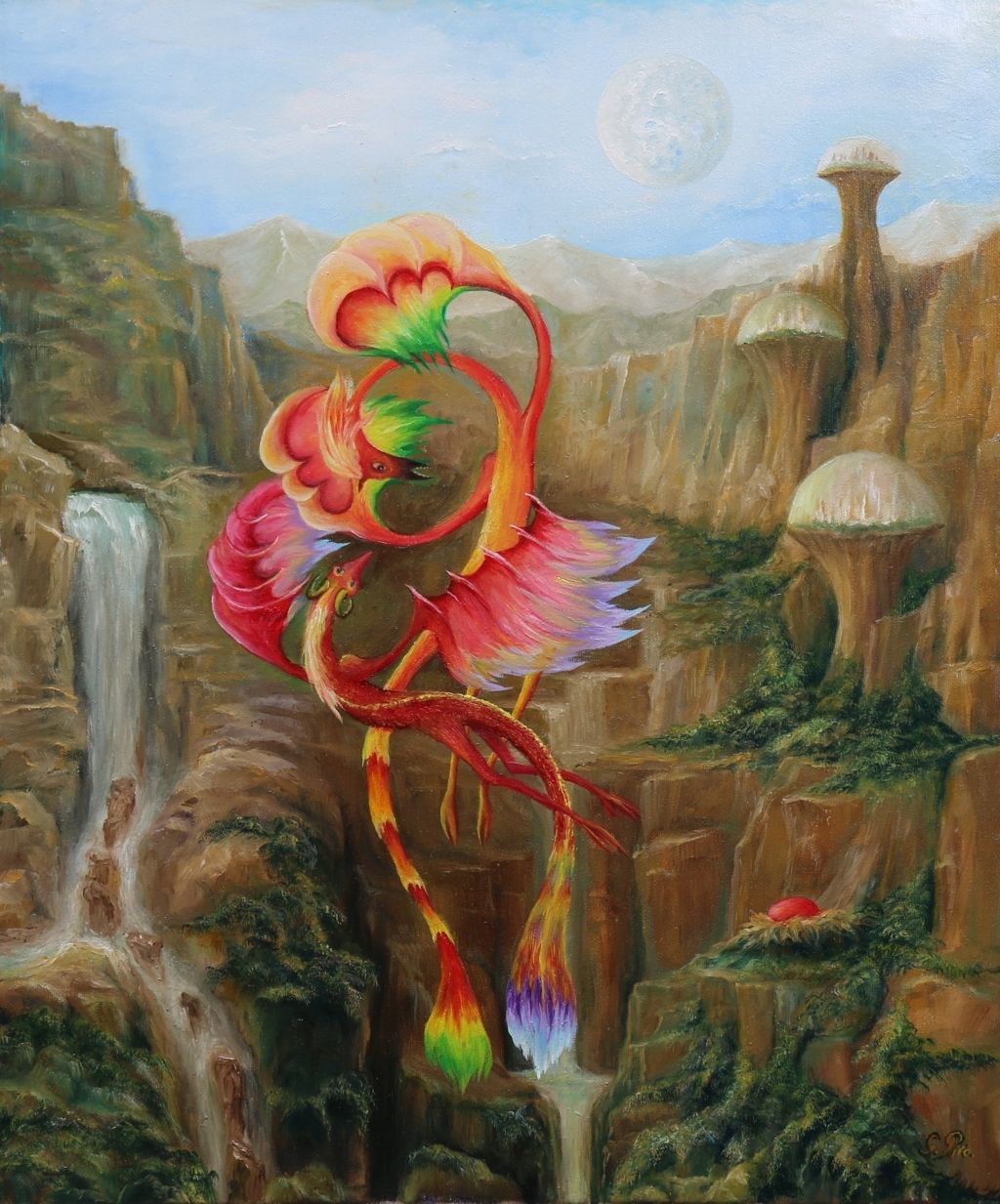 oil painting, gregory pyra piro, surrealism, landscape, nature, flying dragons, carnivorous plants, biodomes, mountains, waterfall, ravine, bluffs, vegetation, mountain range, sky, clouds, moon, satellite, craters, double planet